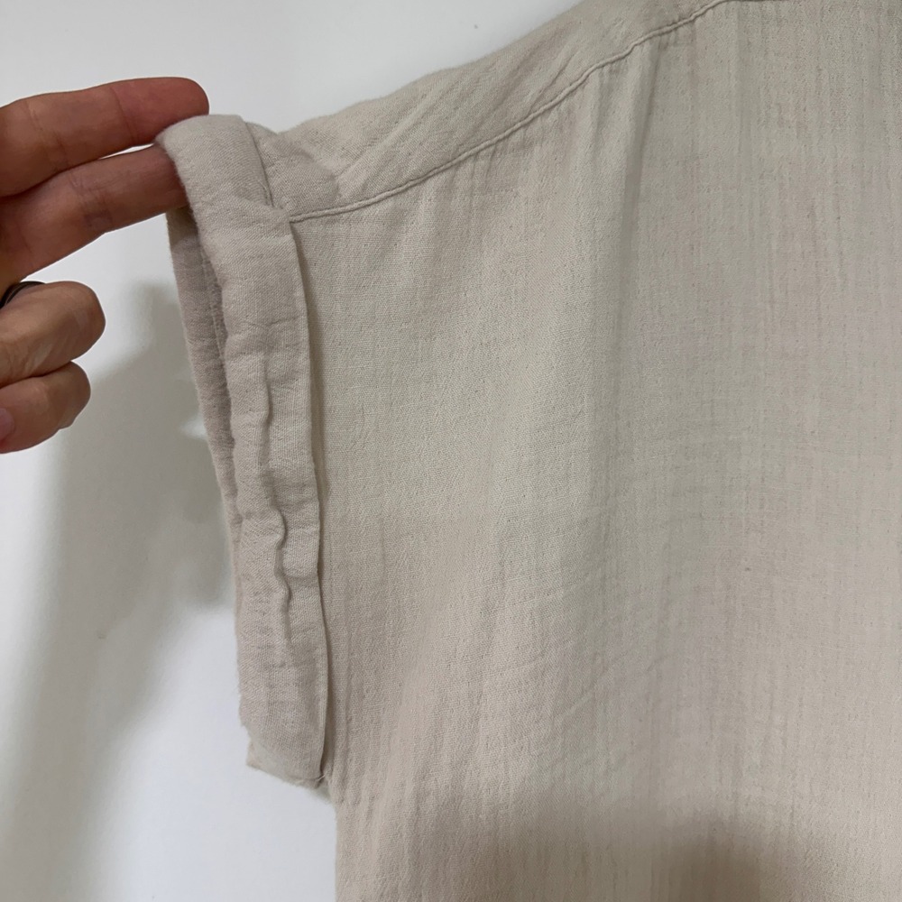 Caslon Cotton Gauze Henley Top Women Large Tan Rolled Sleeve | Coastal Grandma - Picture 3 of 8